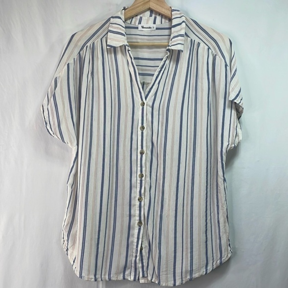 🧢 vernacular red white and blue vertical stripe short sleeve linen blend blouse: